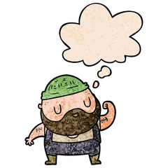 cartoon dock worker and thought bubble in grunge texture pattern style