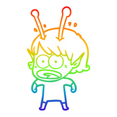 rainbow gradient line drawing cartoon shocked alien girl