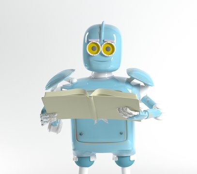 Retro robot with book,3d render.