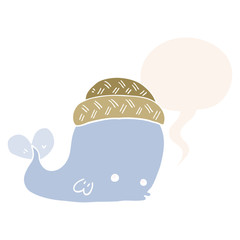 cartoon whale wearing hat and speech bubble in retro style