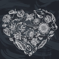 Heart floral design with chalk african daisies, fuchsia, gloriosa, king protea, anthurium, strelitzia