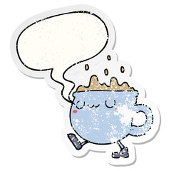 cartoon coffee cup walking and speech bubble distressed sticker
