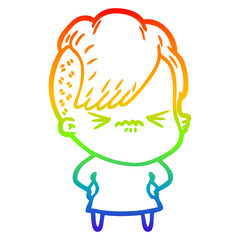 rainbow gradient line drawing cartoon annoyed hipster girl