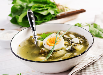 Green soup of sorrel in white  bowl.