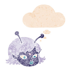 cartoon alien space girl face and thought bubble in retro textured style