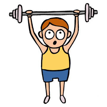 Vector illustration of cartoon style little kid practicing weightlifting isolated on white background