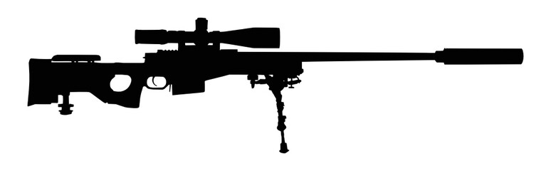 Vector illustration of a sniper rifle silhouette isolated on white background.  - obrazy, fototapety, plakaty