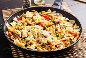 Stir fry chicken, pasta farfalle, zucchini, sweet peppers and green onion.  Asian cuisine