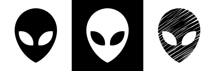 Vector illustration set of three alien heads - isolated, negative space and sketchy hand drawn effect versions