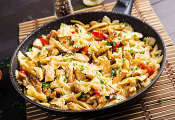 Stir fry chicken, pasta farfalle, zucchini, sweet peppers and green onion.  Asian cuisine