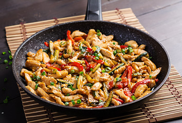 Stir fry chicken, zucchini, sweet peppers and green onion. Asian cuisine