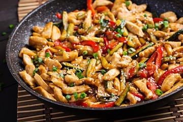 Stir fry chicken, zucchini, sweet peppers and green onion. Asian cuisine