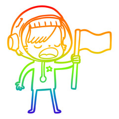 rainbow gradient line drawing cartoon astronaut woman waving flag