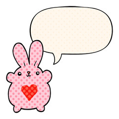 cute cartoon rabbit and love heart and speech bubble in comic book style