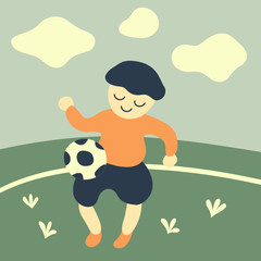 Vector bold flat style illustration of a smiling kid playng with a ball