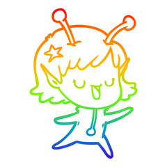 rainbow gradient line drawing happy alien girl cartoon