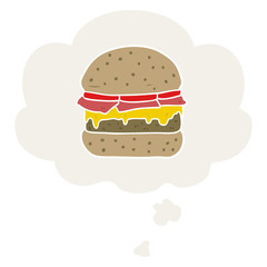 cartoon burger and thought bubble in retro style