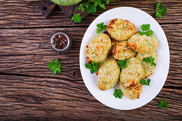 Chicken cutlet with zucchini. Healthy food. Top view
