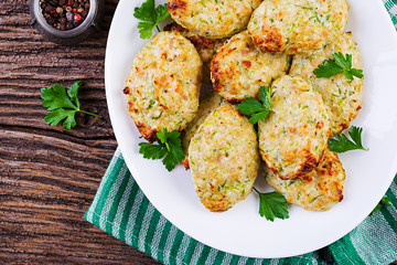Chicken cutlet with zucchini. Healthy food. Top view