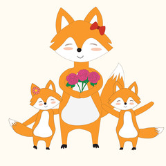 Obraz premium Fox mother with flowers from her children for mother day.illustration.vector.EPS10.
