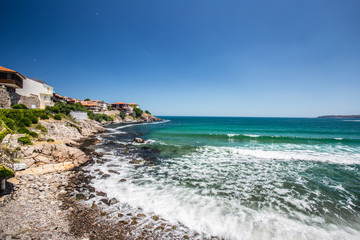 Fototapeta premium Fragment of the old town of Sozopol, Bulgaria. View of the bay on the Black Sea in the town of Sozopol.