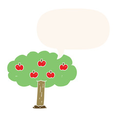 cartoon apple tree and speech bubble in retro style
