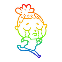 rainbow gradient line drawing cartoon crying woman running away