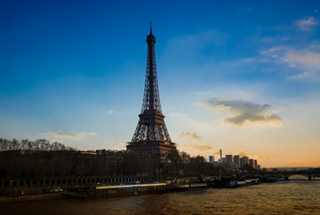 Panaramic view of  the Eiffel tower and Seine river in the sunset sky scene.