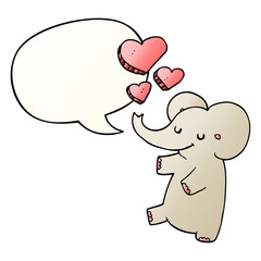 cartoon elephant and love hearts and speech bubble in smooth gradient style