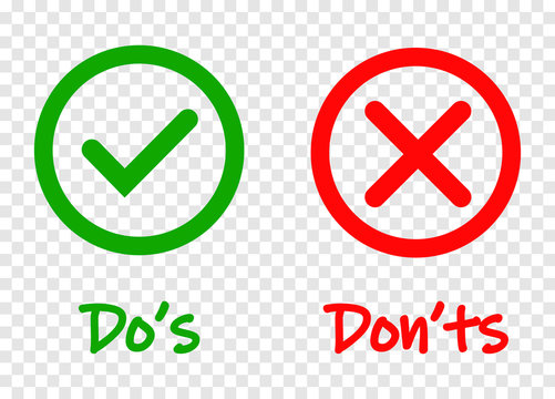 Do and Dont check tick mark and red cross icons isolated on transparent background. Vector Do s and Don ts checklist or choice option symbols in circle frame, eps 10