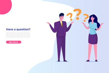 Man and woman have a question. Finding answers, solutions to problems concept. Modern flat vector illustration.