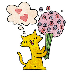 cartoon cat in love with flowers and thought bubble in grunge texture pattern style