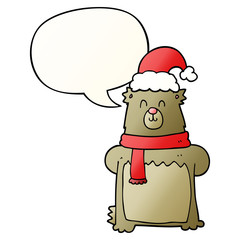 cartoon bear wearing christmas hat and speech bubble in smooth gradient style