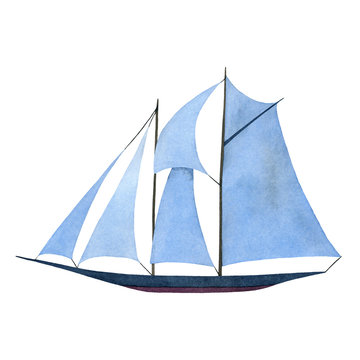 Sailboat with blue sails.