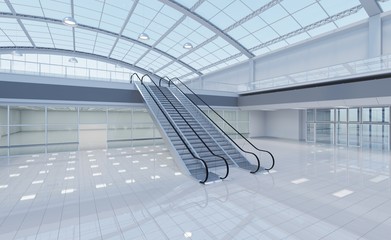 Interior is a blank space of a two-story hall with a vaulted transparent roof. 3d illustration day view