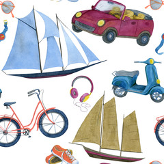 Seamless watercolor illustration on the theme of travel.