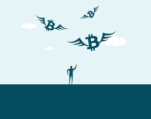 Business people and flying bitcoin symbols, goals and wishes
