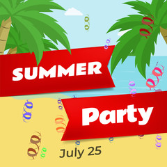 Obraz premium Summer party flat vector banner template. Summertime celebration, beach club festival invitation layout. Stylized red ribbons with text on blue sea, sand, exotic palm trees, serpentine