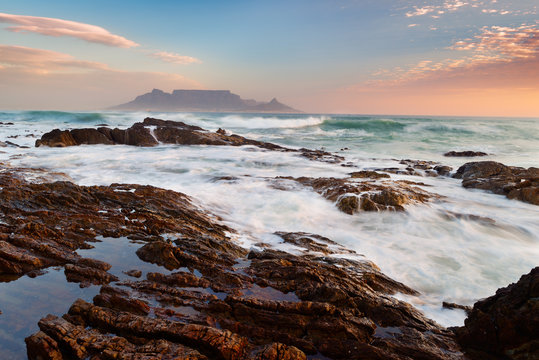 Blouberg beach. View to Table Mountain in the evening