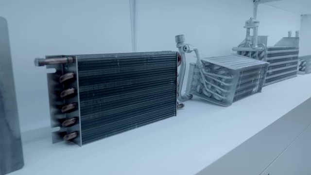 New conditioner radiators for trucks of various types and sizes are presented for review at the exhibition. Shot in motion