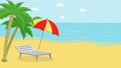 Tropical island relax vector illustration. Seascape with exotic palm trees, beach umbrella and deck chair. Seaside resort recreation, summertime leisure on beach, coast, paradise on earth