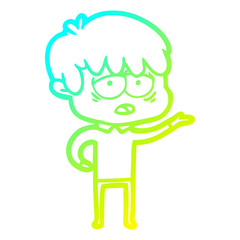 cold gradient line drawing cartoon exhausted boy