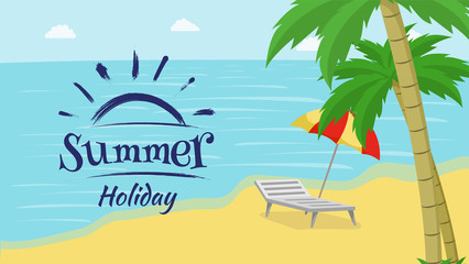 Fototapeta premium Summer recreation flat vector banner. Seaside resort promo with blue brush stroke sun symbol, logo. Summertime vacation, relax on beach with palm trees, travel agency advert poster layout