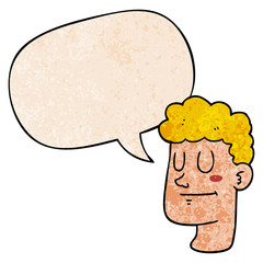 cartoon male face and speech bubble in retro texture style