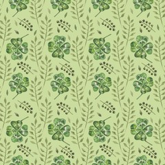 Beautiful seamless background with flowers and clover leaves using ladybugs and field herbs. Good luck symbols. Can be used as a background template for Wallpaper, printing on fabrics, etc.