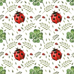 Beautiful seamless background with flowers and clover leaves using ladybugs and field herbs. Good luck symbols. Can be used as a background template for Wallpaper, printing on fabrics, etc. © Art SEA