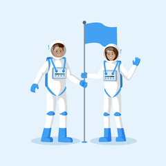 Astronauts planting flag flat vector illustration. Male and female smiling cosmonauts wearing spacesuits, waving hand cartoon characters. Another planet, moon landing isolated © Pavlo Plakhotia
