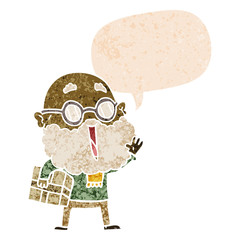 cartoon joyful man with beard and parcel under arm and speech bubble in retro textured style