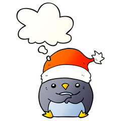 cute cartoon penguin wearing christmas hat and thought bubble in smooth gradient style