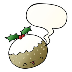 cute cartoon christmas pudding and speech bubble in smooth gradient style